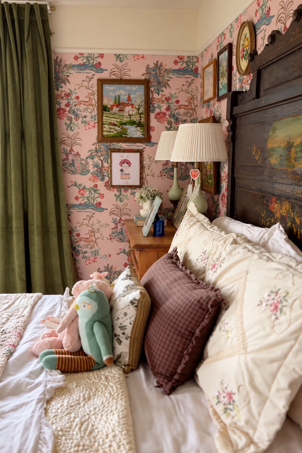 Bedroom corner with pink floral wallpaper, antique headboard and layered linens